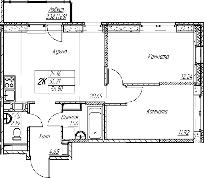 2-комнатная квартира 56.9 м², 9/22 эт., ЖК «Парк-квартал Юнтолово»